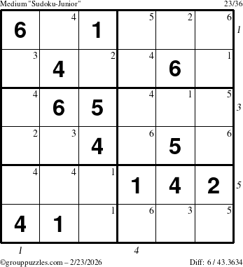 The grouppuzzles.com Medium Sudoku-Junior puzzle for Monday February 23, 2026, suitable for printing, with all 6 steps marked