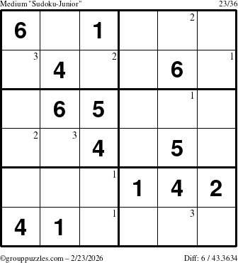 The grouppuzzles.com Medium Sudoku-Junior puzzle for Monday February 23, 2026 with the first 3 steps marked
