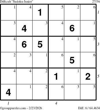 The grouppuzzles.com Difficult Sudoku-Junior puzzle for Monday February 23, 2026 with all 6 steps marked