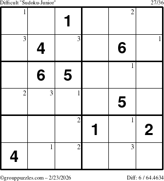 The grouppuzzles.com Difficult Sudoku-Junior puzzle for Monday February 23, 2026 with the first 3 steps marked