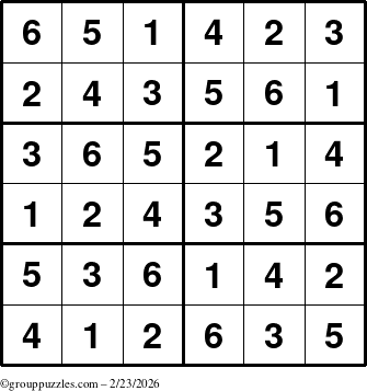 The grouppuzzles.com Answer grid for the Sudoku-Junior puzzle for Monday February 23, 2026