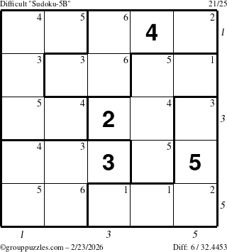 The grouppuzzles.com Difficult Sudoku-5B puzzle for Monday February 23, 2026 with all 6 steps marked