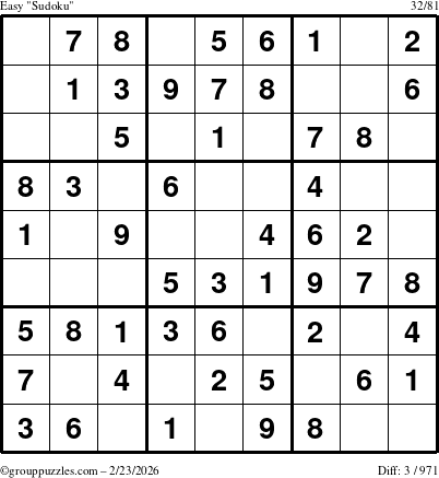 The grouppuzzles.com Easy Sudoku puzzle for Monday February 23, 2026