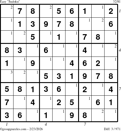 The grouppuzzles.com Easy Sudoku puzzle for Monday February 23, 2026 with all 3 steps marked