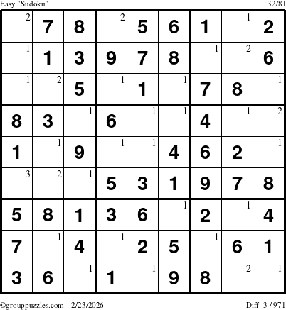 The grouppuzzles.com Easy Sudoku puzzle for Monday February 23, 2026 with the first 3 steps marked