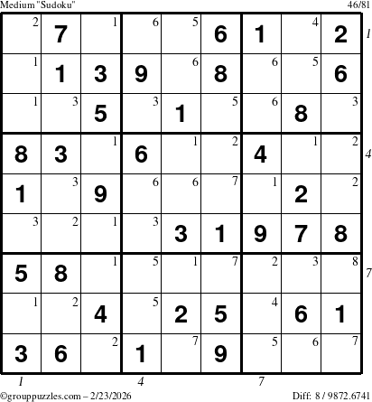 The grouppuzzles.com Medium Sudoku puzzle for Monday February 23, 2026 with all 8 steps marked