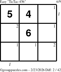 The grouppuzzles.com Easy TicTac-456 puzzle for Monday February 23, 2026 with all 2 steps marked