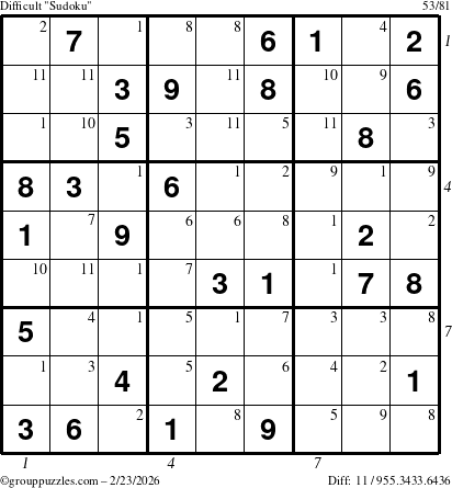 The grouppuzzles.com Difficult Sudoku puzzle for Monday February 23, 2026, suitable for printing, with all 11 steps marked