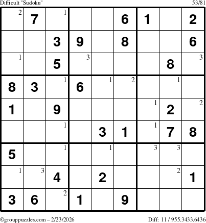 The grouppuzzles.com Difficult Sudoku puzzle for Monday February 23, 2026 with the first 3 steps marked