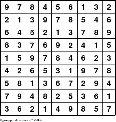 The grouppuzzles.com Answer grid for the Sudoku puzzle for Monday February 23, 2026