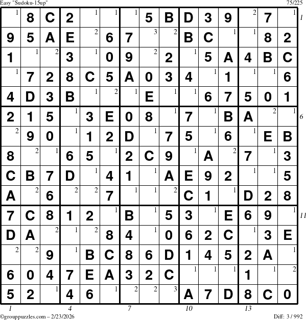 The grouppuzzles.com Easy Sudoku-15up puzzle for Monday February 23, 2026, suitable for printing, with all 3 steps marked