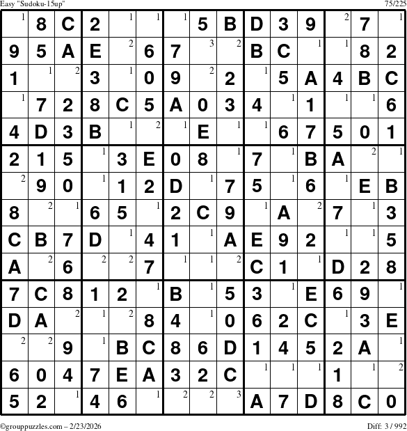 The grouppuzzles.com Easy Sudoku-15up puzzle for Monday February 23, 2026 with the first 3 steps marked