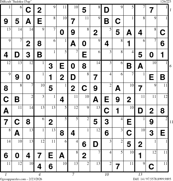 The grouppuzzles.com Difficult Sudoku-15up puzzle for Monday February 23, 2026 with all 14 steps marked
