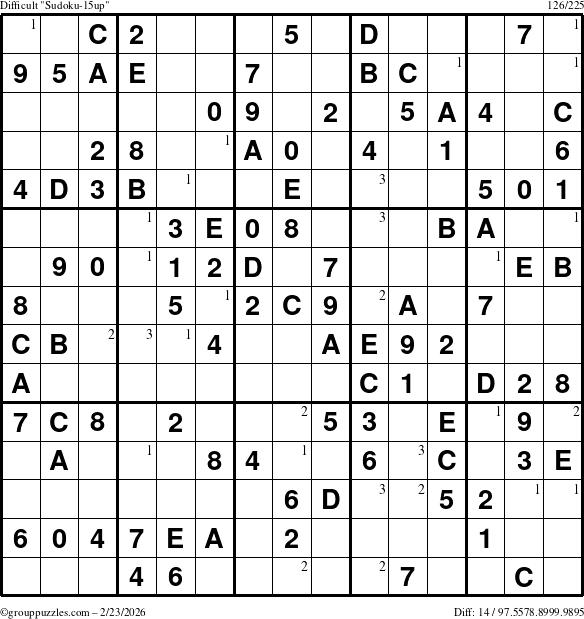 The grouppuzzles.com Difficult Sudoku-15up puzzle for Monday February 23, 2026 with the first 3 steps marked
