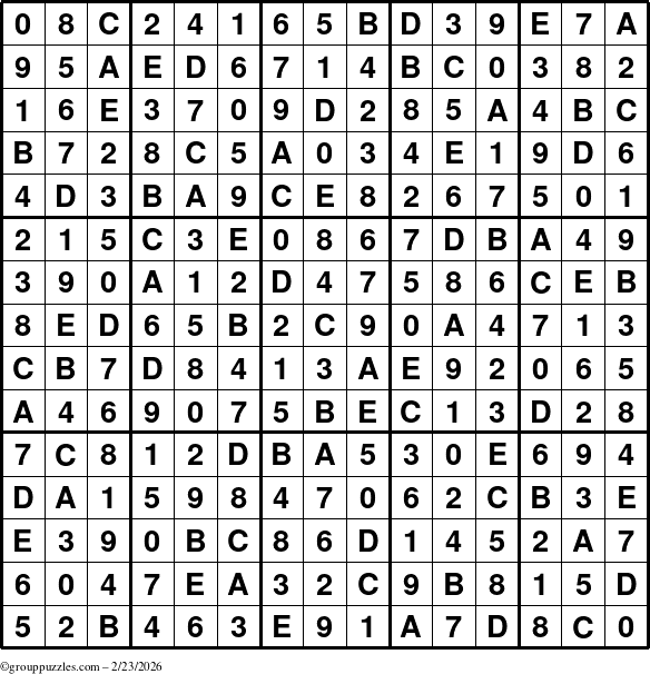 The grouppuzzles.com Answer grid for the Sudoku-15up puzzle for Monday February 23, 2026
