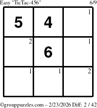 The grouppuzzles.com Easy TicTac-456 puzzle for Monday February 23, 2026 with the first 2 steps marked