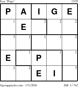 The grouppuzzles.com Easy Paige puzzle for Saturday January 31, 2026 with the first 3 steps marked
