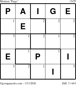 The grouppuzzles.com Medium Paige puzzle for Saturday January 31, 2026 with the first 3 steps marked