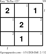 The grouppuzzles.com Easy TicTac-123 puzzle for Saturday January 31, 2026, suitable for printing, with all 2 steps marked