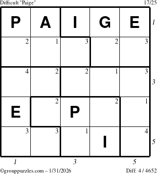 The grouppuzzles.com Difficult Paige puzzle for Saturday January 31, 2026 with all 4 steps marked