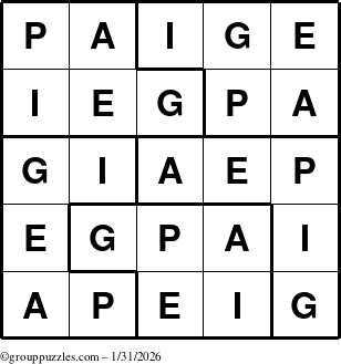 The grouppuzzles.com Answer grid for the Paige puzzle for Saturday January 31, 2026