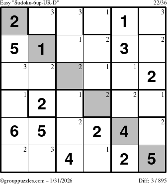 The grouppuzzles.com Easy Sudoku-6up-UR-D puzzle for Saturday January 31, 2026 with the first 3 steps marked