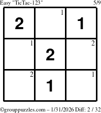 The grouppuzzles.com Easy TicTac-123 puzzle for Saturday January 31, 2026 with the first 2 steps marked