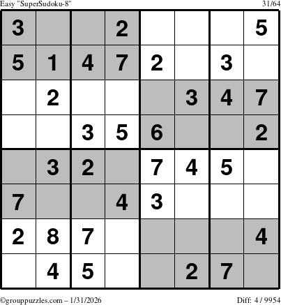 The grouppuzzles.com Easy SuperSudoku-8 puzzle for Saturday January 31, 2026