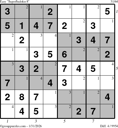 The grouppuzzles.com Easy SuperSudoku-8 puzzle for Saturday January 31, 2026, suitable for printing, with all 4 steps marked