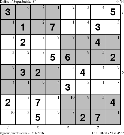 The grouppuzzles.com Difficult SuperSudoku-8 puzzle for Saturday January 31, 2026, suitable for printing, with all 10 steps marked