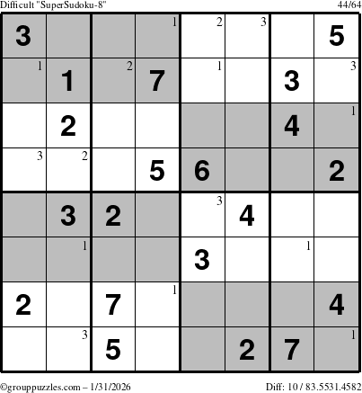 The grouppuzzles.com Difficult SuperSudoku-8 puzzle for Saturday January 31, 2026 with the first 3 steps marked