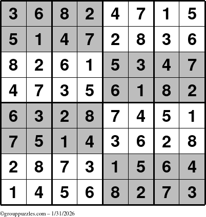 The grouppuzzles.com Answer grid for the SuperSudoku-8 puzzle for Saturday January 31, 2026