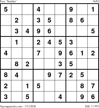 The grouppuzzles.com Easy Sudoku puzzle for Saturday January 31, 2026