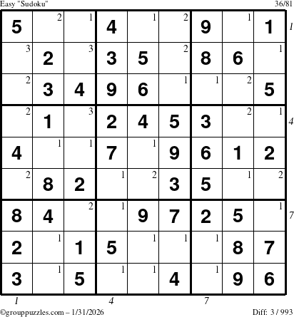 The grouppuzzles.com Easy Sudoku puzzle for Saturday January 31, 2026 with all 3 steps marked