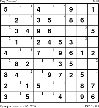 The grouppuzzles.com Easy Sudoku puzzle for Saturday January 31, 2026 with the first 3 steps marked