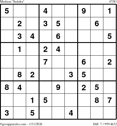 The grouppuzzles.com Medium Sudoku puzzle for Saturday January 31, 2026