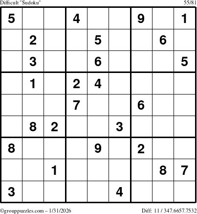 The grouppuzzles.com Difficult Sudoku puzzle for Saturday January 31, 2026