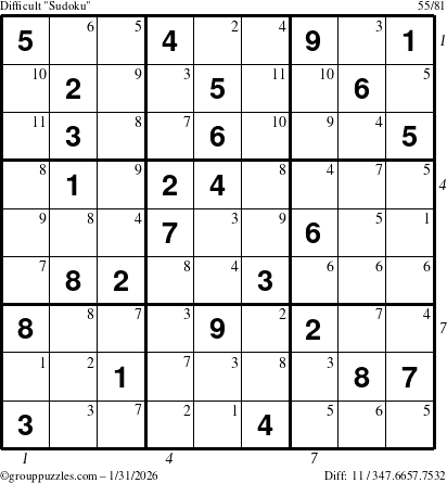 The grouppuzzles.com Difficult Sudoku puzzle for Saturday January 31, 2026 with all 11 steps marked