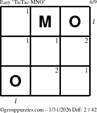 The grouppuzzles.com Easy TicTac-MNO puzzle for Saturday January 31, 2026 with all 2 steps marked