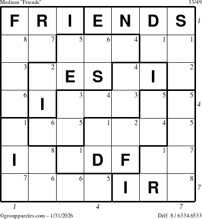 The grouppuzzles.com Medium Friends puzzle for Saturday January 31, 2026 with all 8 steps marked