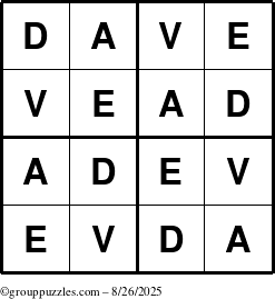 The grouppuzzles.com Answer grid for the Dave puzzle for Tuesday August 26, 2025
