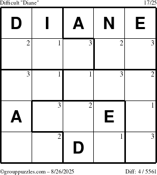 The grouppuzzles.com Difficult Diane puzzle for Tuesday August 26, 2025 with the first 3 steps marked