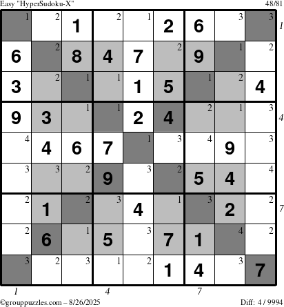 The grouppuzzles.com Easy HyperSudoku-X puzzle for Tuesday August 26, 2025 with all 4 steps marked