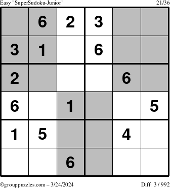 The grouppuzzles.com Easy SuperSudoku-Junior puzzle for Sunday March 24, 2024