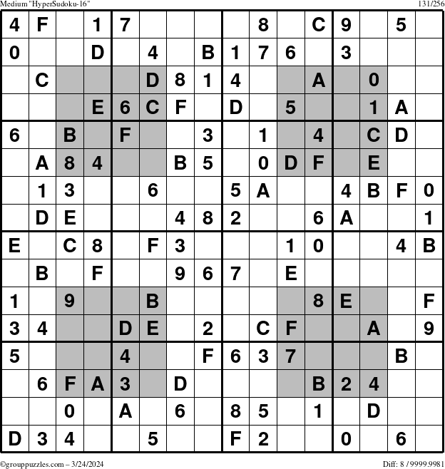 The grouppuzzles.com Medium HyperSudoku-16 puzzle for Sunday March 24, 2024
