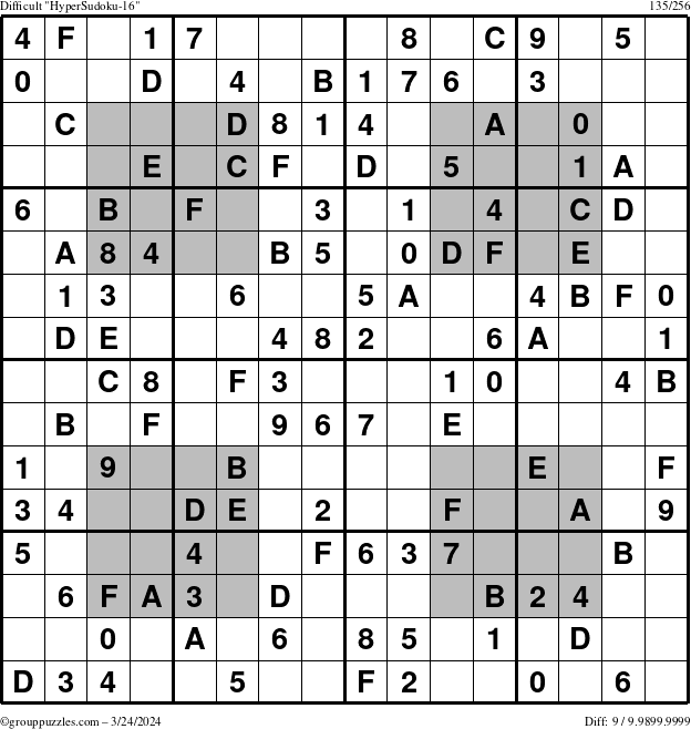 The grouppuzzles.com Difficult HyperSudoku-16 puzzle for Sunday March 24, 2024