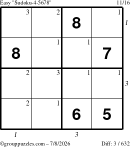 The grouppuzzles.com Easy Sudoku-4-5678 puzzle for Wednesday July 8, 2026, suitable for printing, with all 3 steps marked