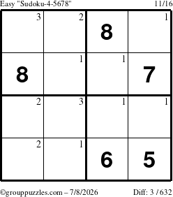 The grouppuzzles.com Easy Sudoku-4-5678 puzzle for Wednesday July 8, 2026 with the first 3 steps marked
