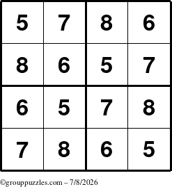 The grouppuzzles.com Answer grid for the Sudoku-4-5678 puzzle for Wednesday July 8, 2026