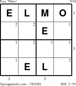 The grouppuzzles.com Easy Elmo puzzle for Wednesday July 8, 2026 with all 2 steps marked